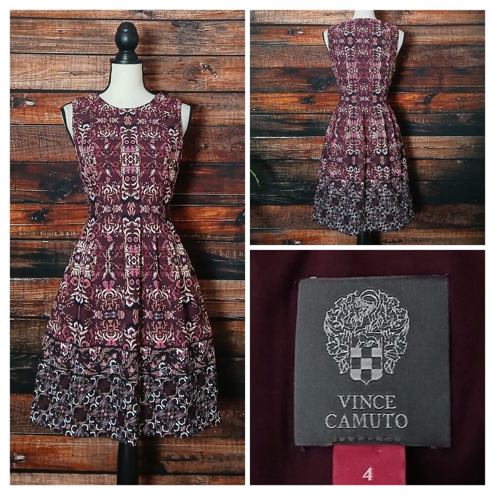 Vince Camuto Dress 4 Fit & Flare Burgundy Bohemian Print Zip Back Pockets
